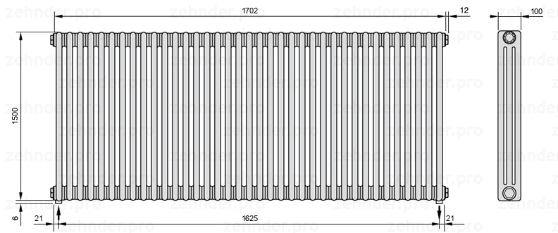 Схема (чертеж) Радиатор Zehnder Charleston 3150/37 №3570 Белый глянцевый RAL 9016
